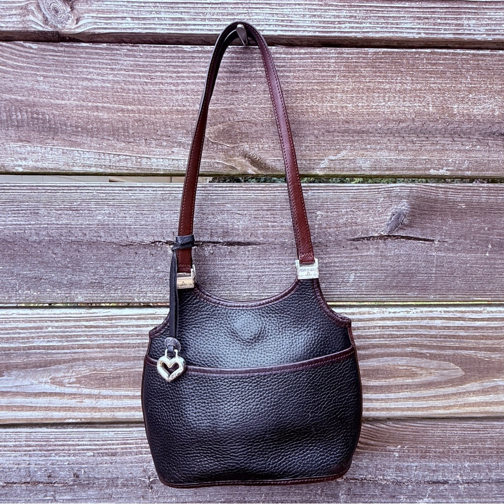 Brighton Dark Brown Pebbled Leather Shoulder Bag with Silver Heart Charm